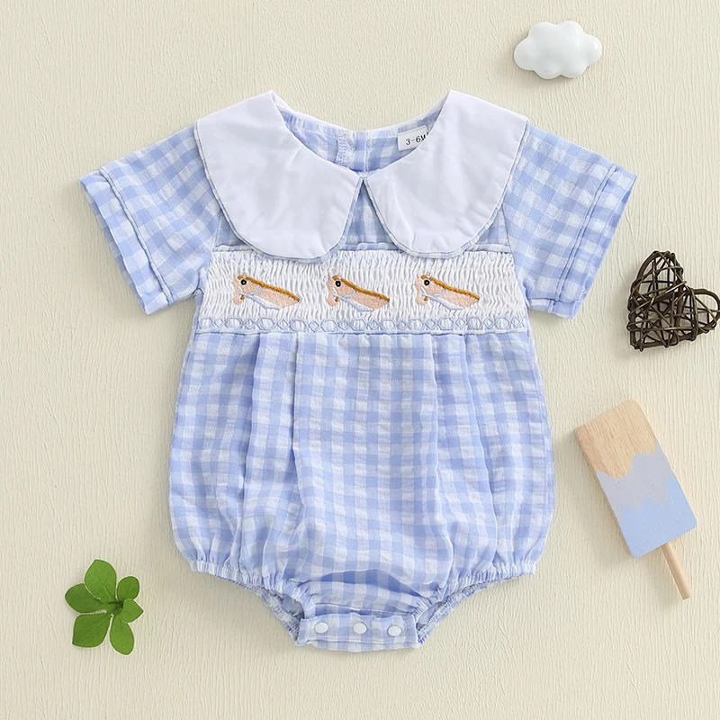 

Детский комбинезон, летние хлопковые комбинезоны в клетку для новорожденных с принтом в западном стиле и вышивкой, комбинезоны с кукольным воротником для маленьких девочек, одежда, наряды