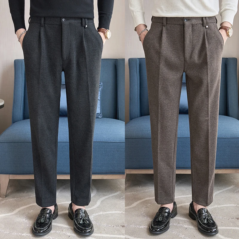 

Осень/зима 2025 г., мужские костюмные брюки в тонкую полоску из 4,5% шерсти, универсальные мужские повседневные брюки из матовой ткани с драпировкой против морщин