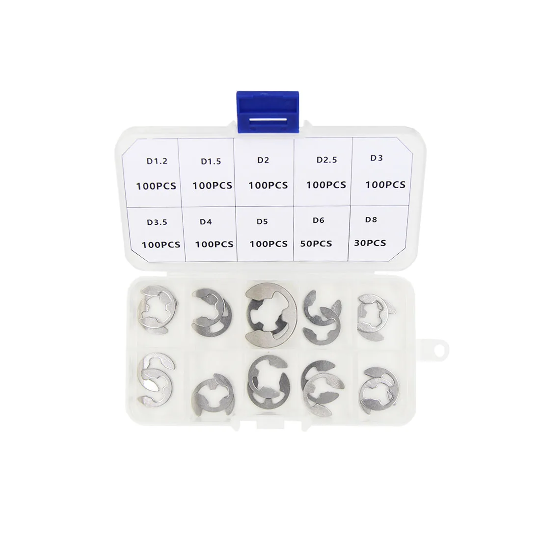 D1.2 D1.5 D2 D2.5 D3 D3.5 D4 D5 D6 D8 E-Type Retaining Rings, Assorted Kit, DIN6799/GB896, 304 Stainless Steel