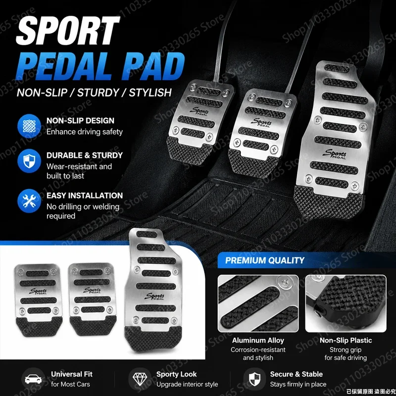 Car Sport Pedal Covers, Universal Non-Slip Aluminum Alloy Gas Brake Clutch Pedal Pads, Anti-Slip Design for Safe Driving
