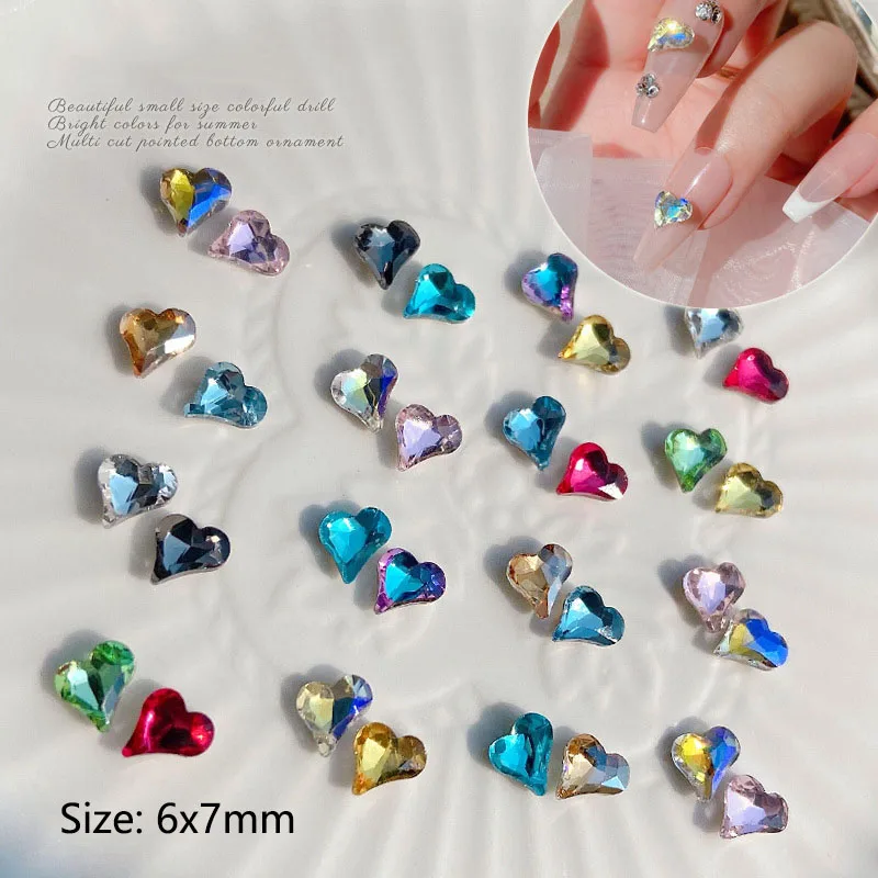 30/100Pcs High Quality Mini 6x7mm Pointed Bottom Crooked Heart Glass Nail Art Rhinestones For Manicure Decoration Accessories