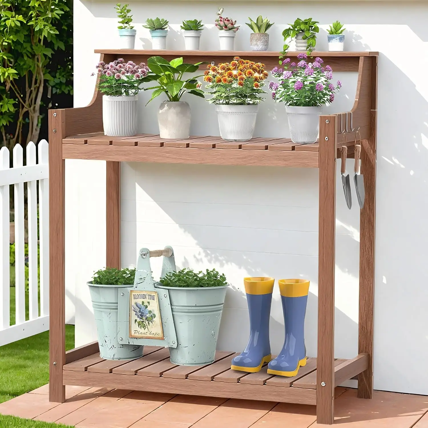 HDPS Potting Bench, All Weather Potting Table with 8 Hooks and Highten Tabletop, Easy Assembly Garden Work Bench,, Customized
