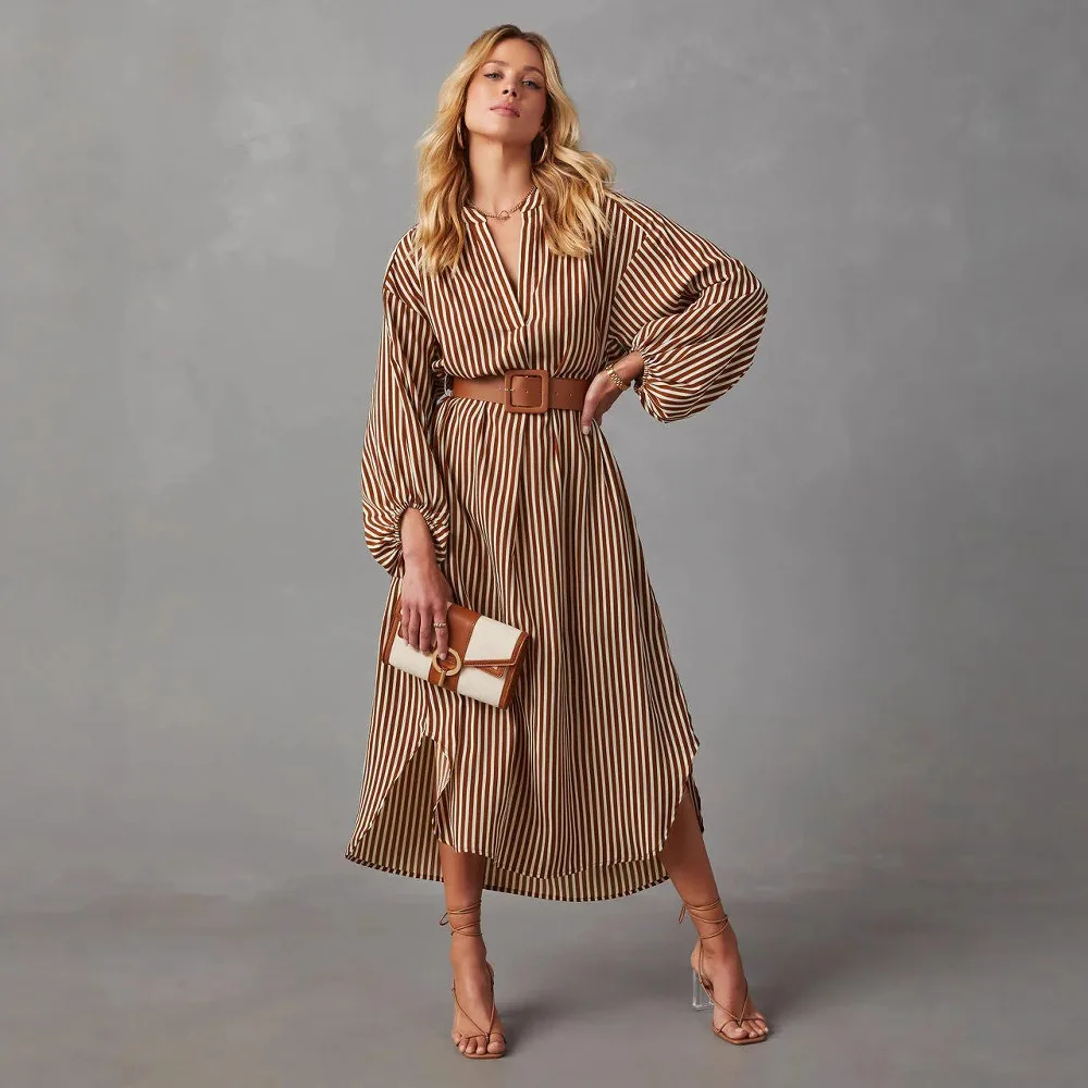 Damen Gestreiftes V-Ausschnitt Midikleid Langarm Locker Sitzendes Hemdkleid mit Taillengürtel Lässig Elegant Arbeitskleidung für Büro und Alltag