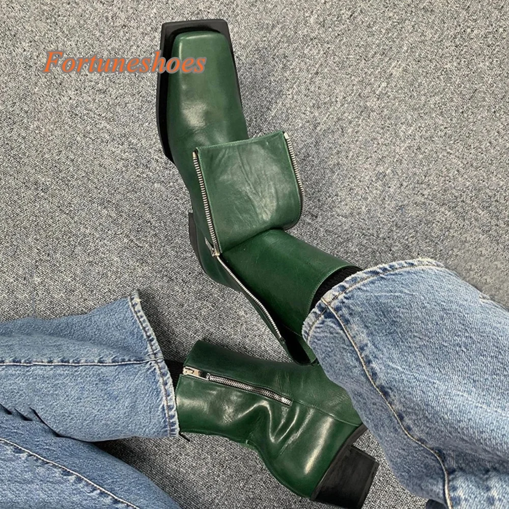 

Slip On Square Toe Boots Solid Side Zipper Chunky Heel Women Boots Autumn/spring 2024 Newest Handsome Casual Mid Calf Boots