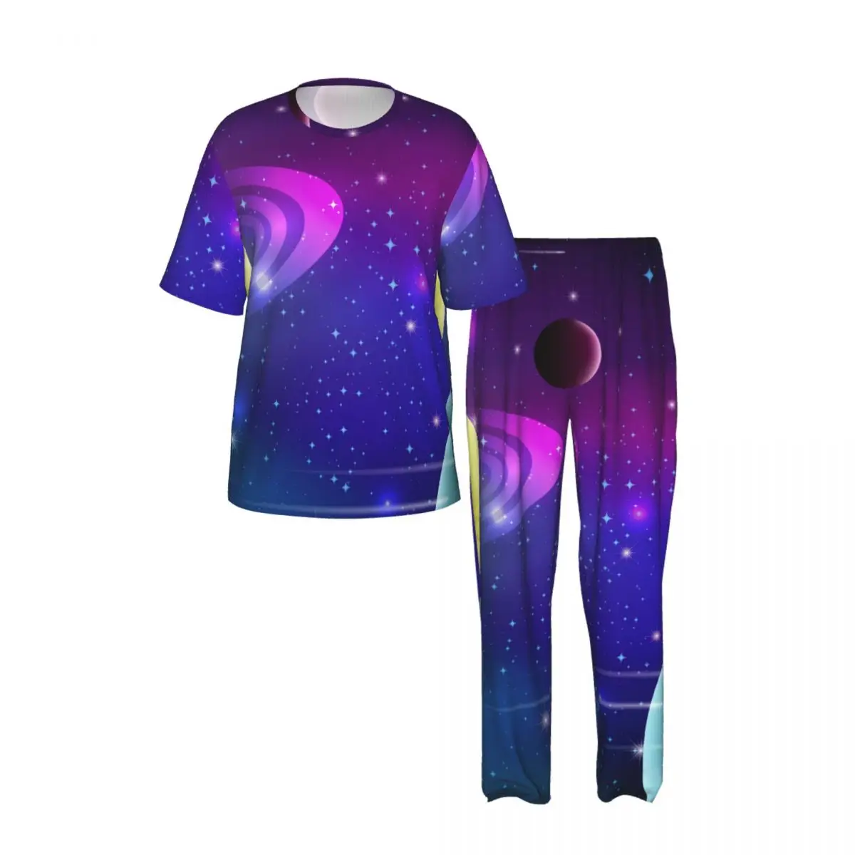 Men Pajamas Set Galaxy Background Short Sleeve Spring Summer Lounge Sleepwear Male Nightwear