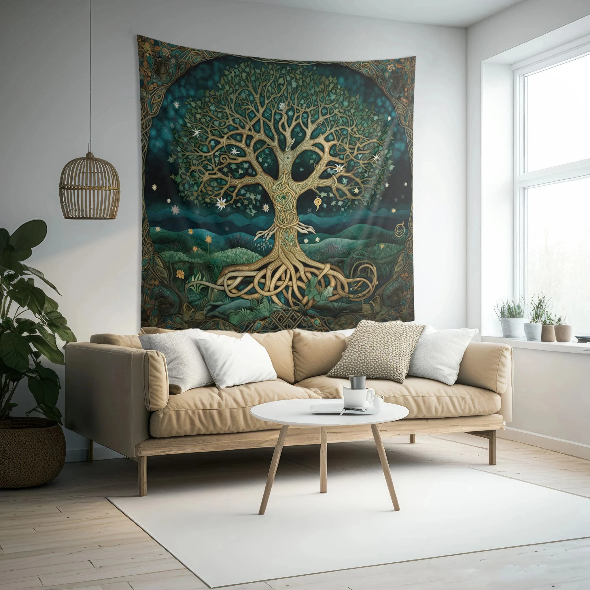 VIKAMA Celtic Tree of Life Tapestry Nordic Mythical Background Cloth Retro Deep Green Living Room Decoration Room Decoration