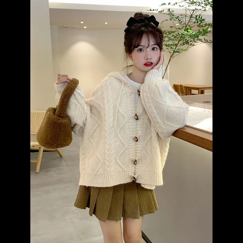 Autumn Winter Bull Horn Button Hooded Sweater Cardigan Women Blue Long Sleeve Knitted Coats Casual Loose Jackets New Tops Female