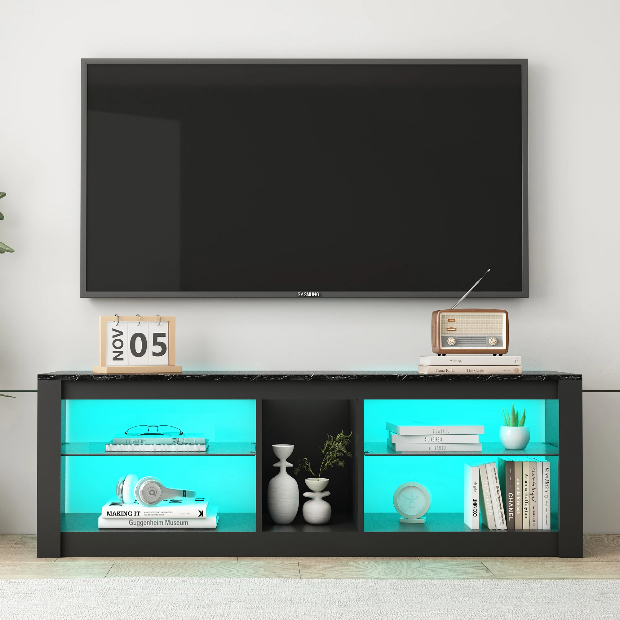 TV Cabinet, Lowboard for 65 Inch & Smaller TVs, 140 x 35 x 47 cm, TV Cabinet with RGB LED Lights, TV Stand with Integrated Cable