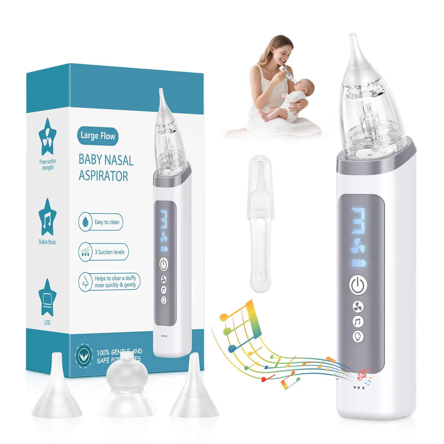 

Electric Baby Nose Sucker with More Powerful Suction and Larger Suction Chamber，Automatic Nose Cleaner with Music ，3 modes