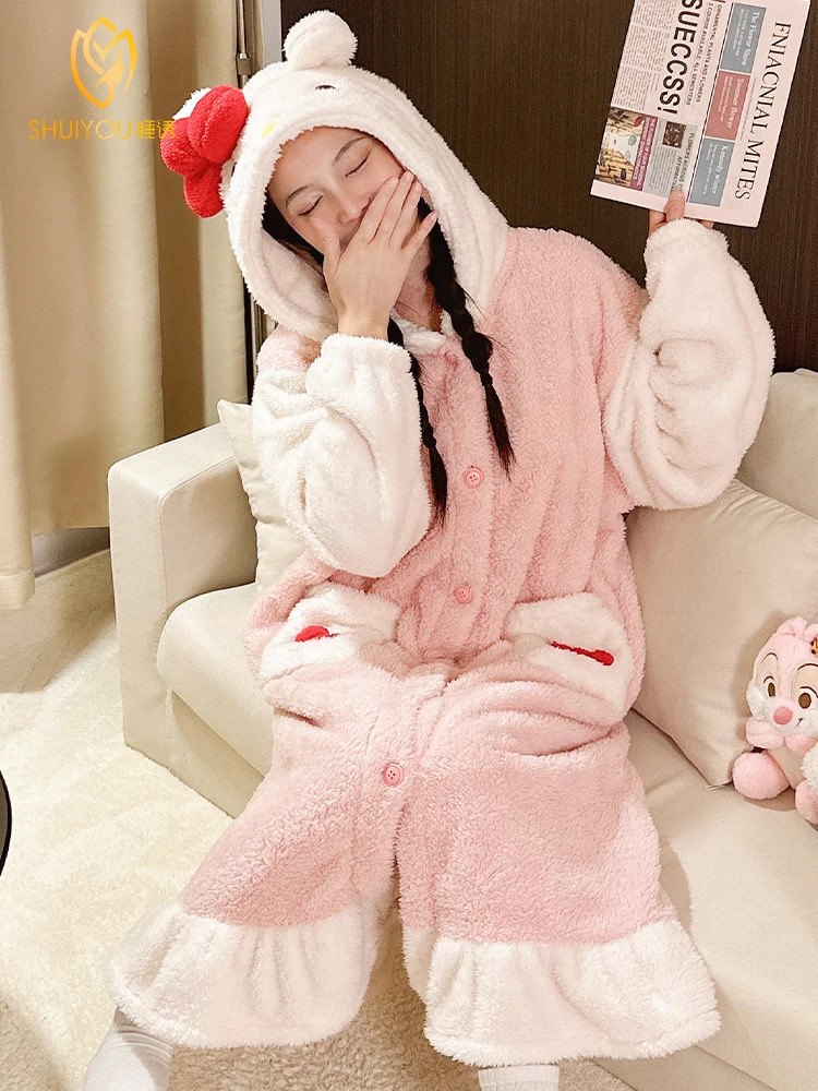 

Kawaii Sanrio пижамы женские осенне-зимние коралловые флисовые Hello Kitty с толстым флисом внешняя длинная ночная рубашка комплект подарки для девочек игрушки