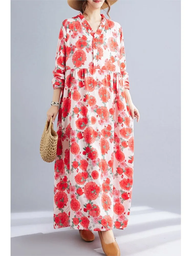 เดรสผ้าฝ้ายสไตล์โบฮีเมียนทรงหลวม แขนยาว ลายดอกไม้ สำหรับผู้หญิง