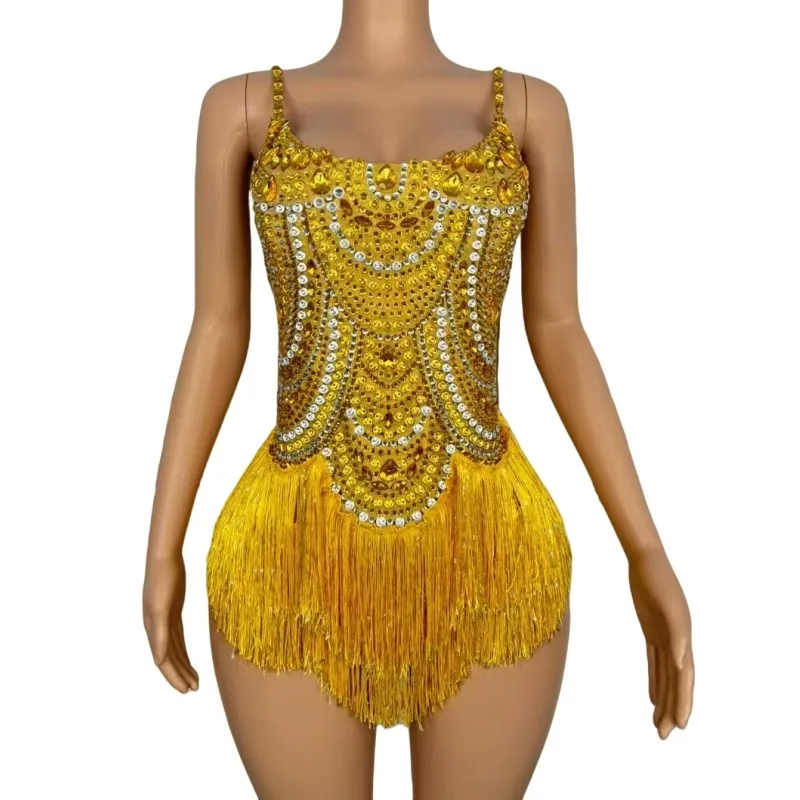 Luksusowy Złoty Różowy Kombinezon z Frędzlami i Cyrkoniami dla Kobiet, Seksowny Strój na Pokaz Klubowy, Scenę, dla Piosenkarki, Drużyny Tanecznej, Kostium na Występ