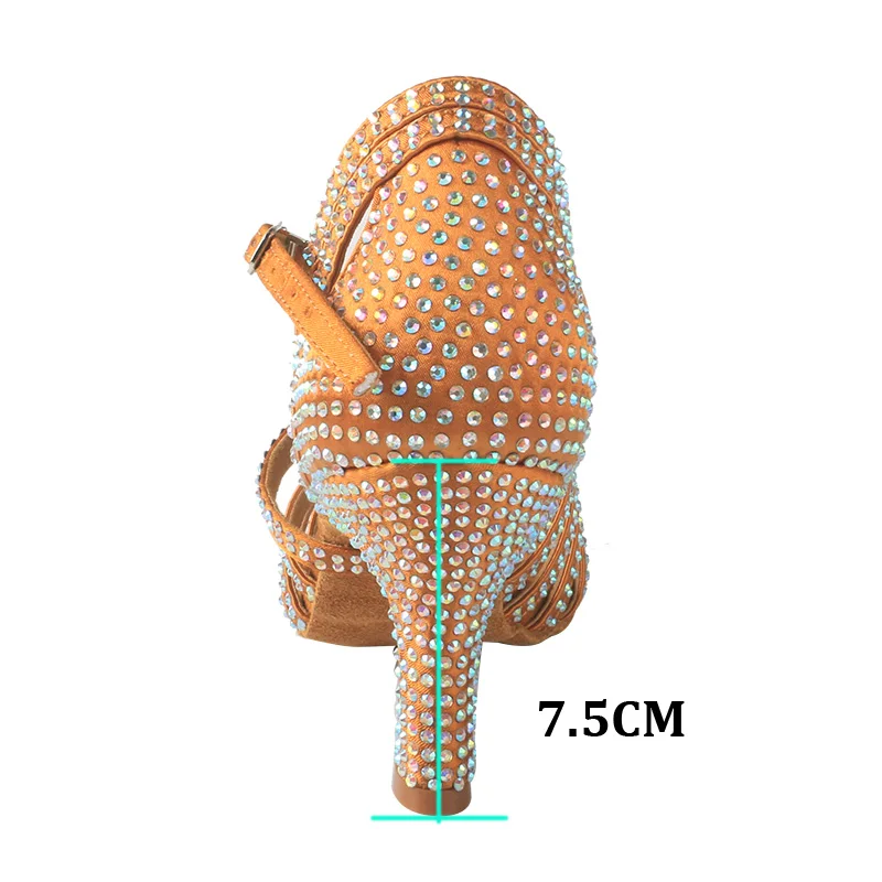 Wedopus Braune Satin-Stoff-Tanzschuhe für Damen, lateinamerikanische Strass-Tanzabsätze, Wildledersohle, individueller Absatz und Farbe