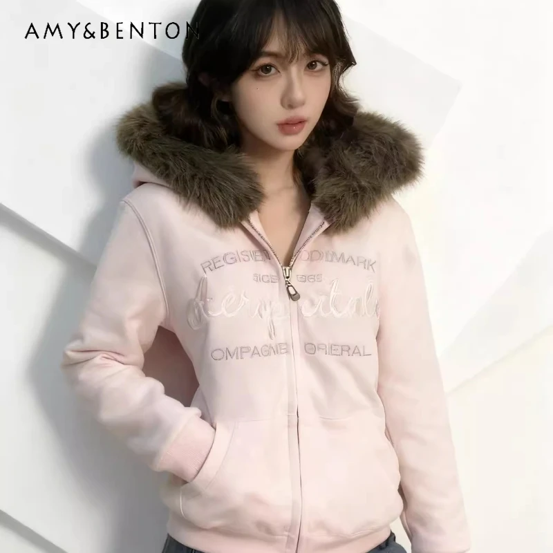 

American Retro Design Pink Fleece-Lined Warm Hooded Women's Sweatshirt Jacket Winter 2025 New Fashionable Versatile Coat Ladies
