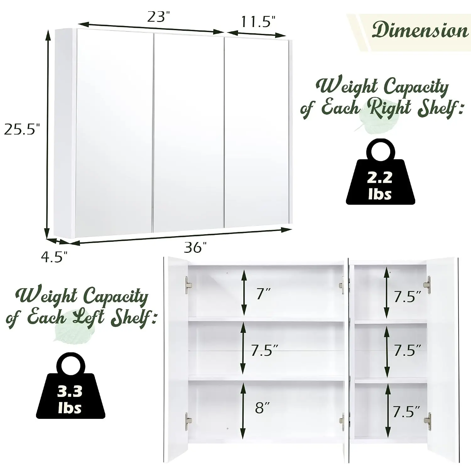 Wall Mounted Storage Cabinet Triple Mirrored Doors Large Medicine Cabinet Bathroom Living Room 36x4.5x25.5 inches, Customized