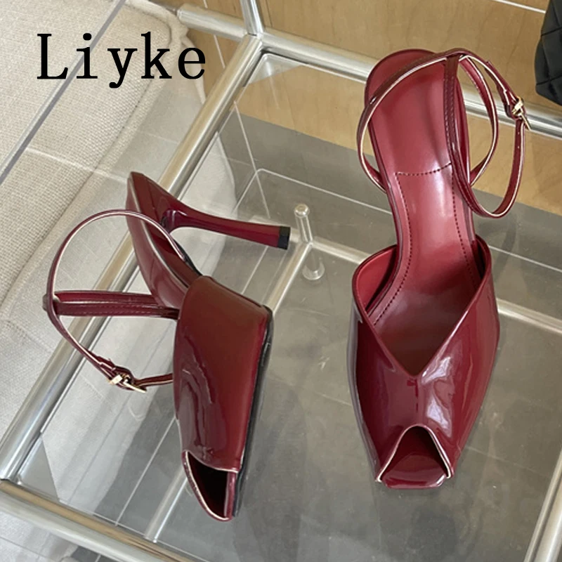 Liyke Designer High Heels Gladiator Sandals Women Summer Cozy Patent Leather Peep Toe Buckle Strap Ladies Party Dress Shoes Red