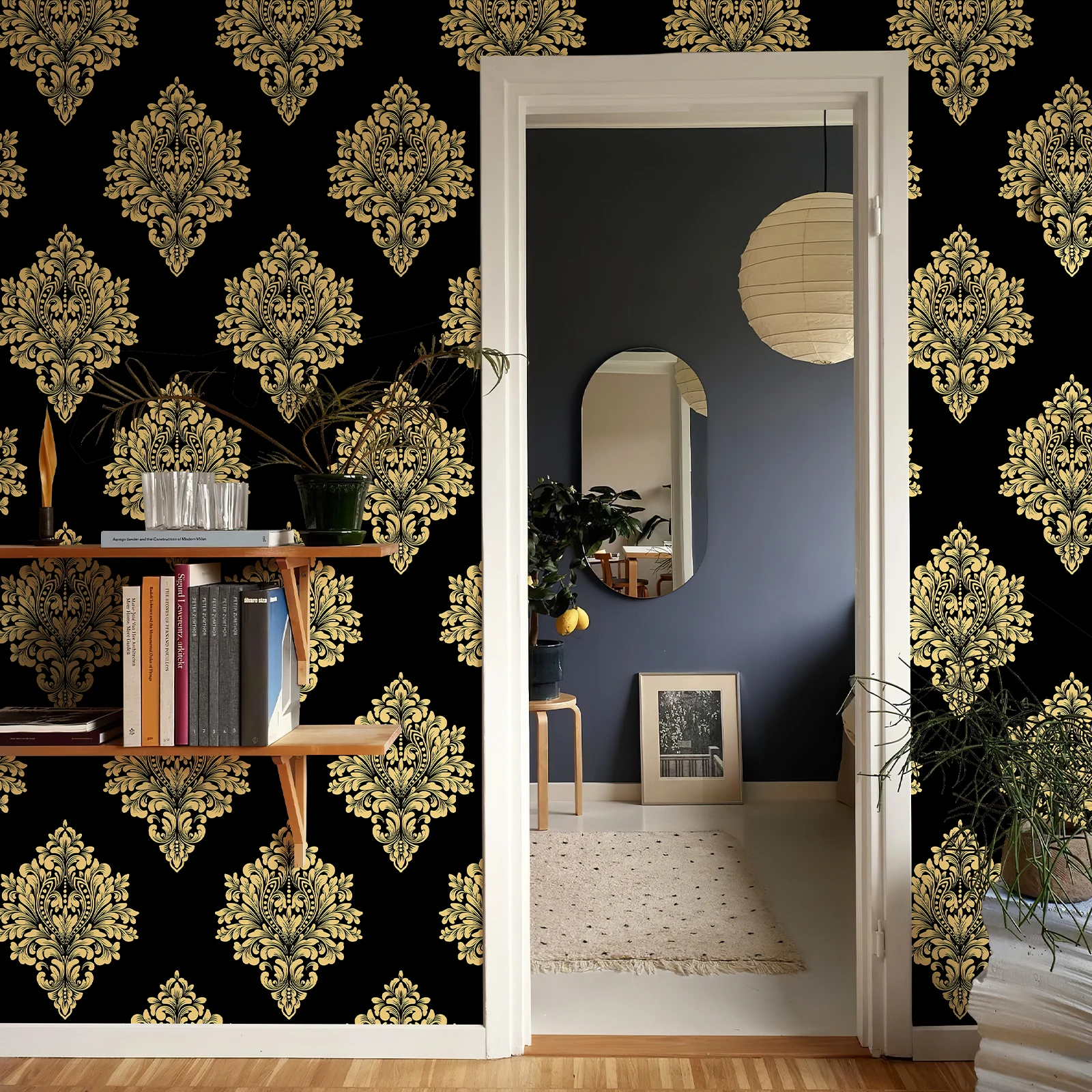 Retro Black Gold Damascus PVC Wallpaper Vintage Peel And Stick Vinyl Wall Decor Refrigerator Furniture Cabinet Sticker