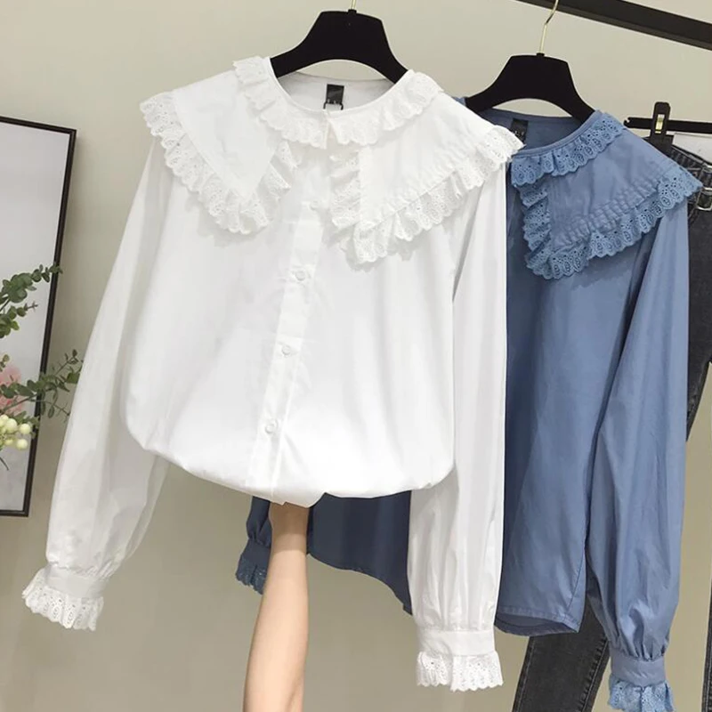 Mulheres chique peter pan colarinho camisas estilo coreano na moda menina bonito doce babados lolita blusa de renda kawaii adorável diário streetwear