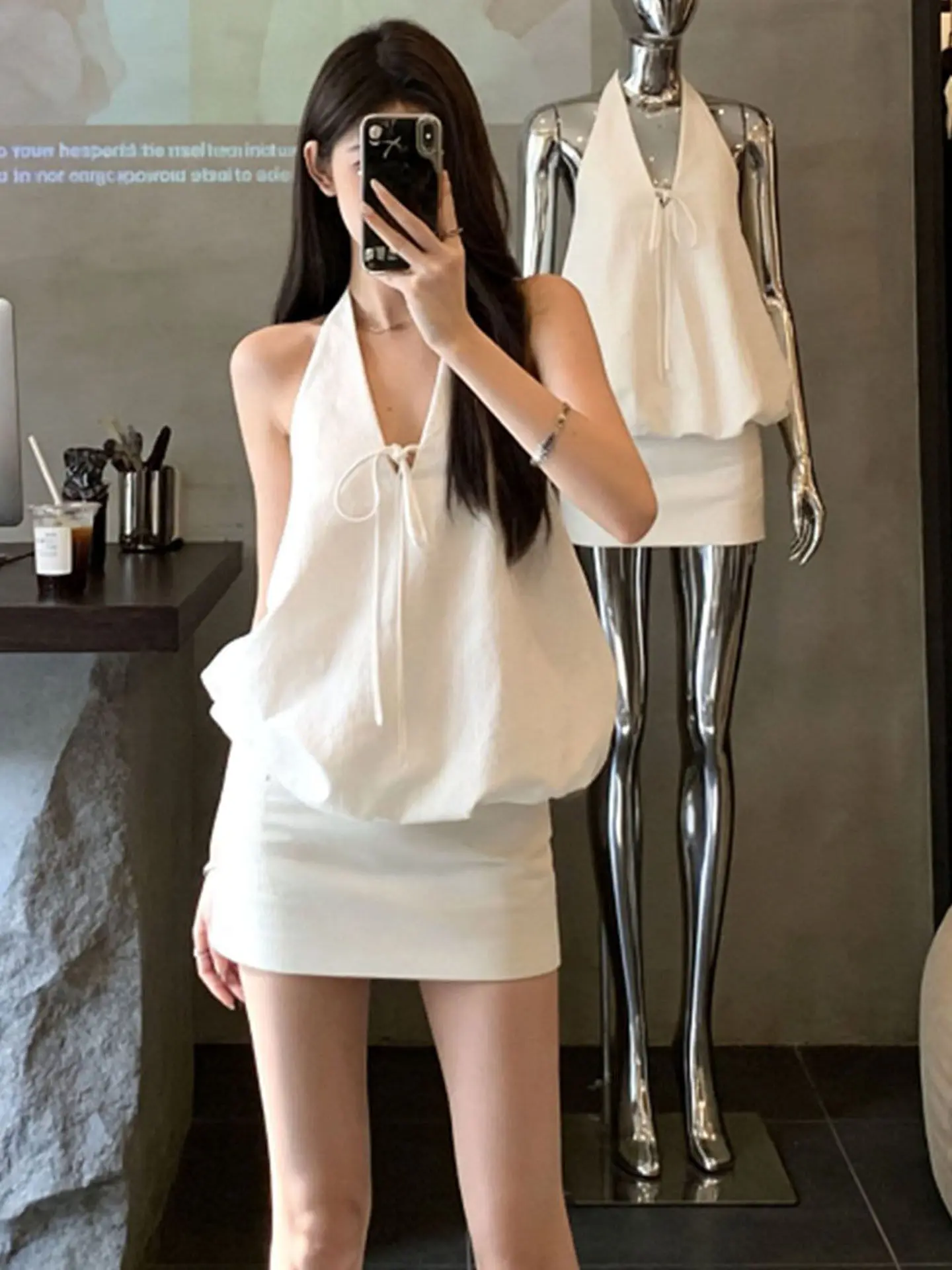 

Summer New Style Small Size Women's Fashion Set Neck Hanging Strapless Top Short Skirt Spicy Girl Elegant Atmosphere