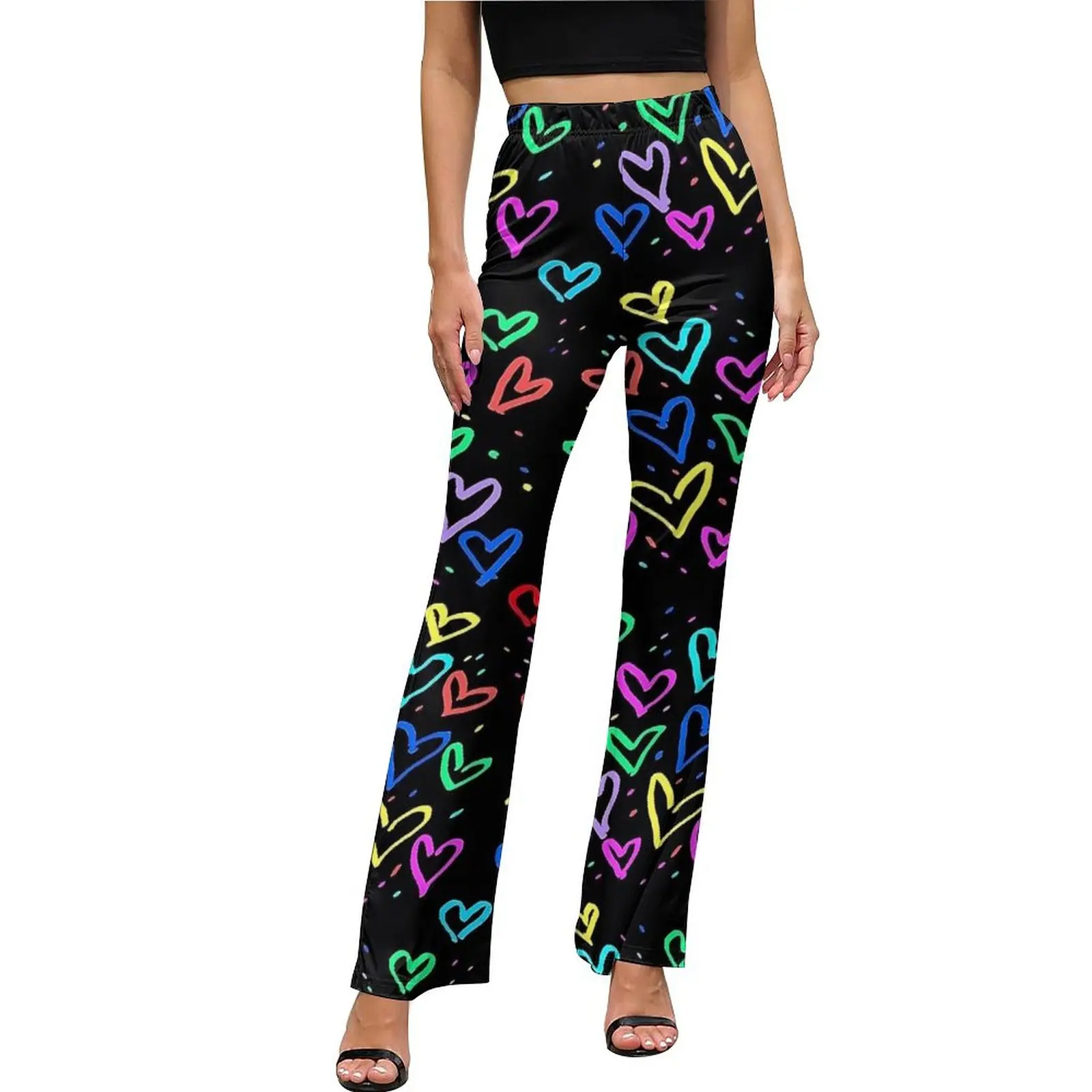 

Love Hearts Colorful Print Pants Elastic High Waist Modern Flare Trousers Summer Printed Aesthetic Pants Gift