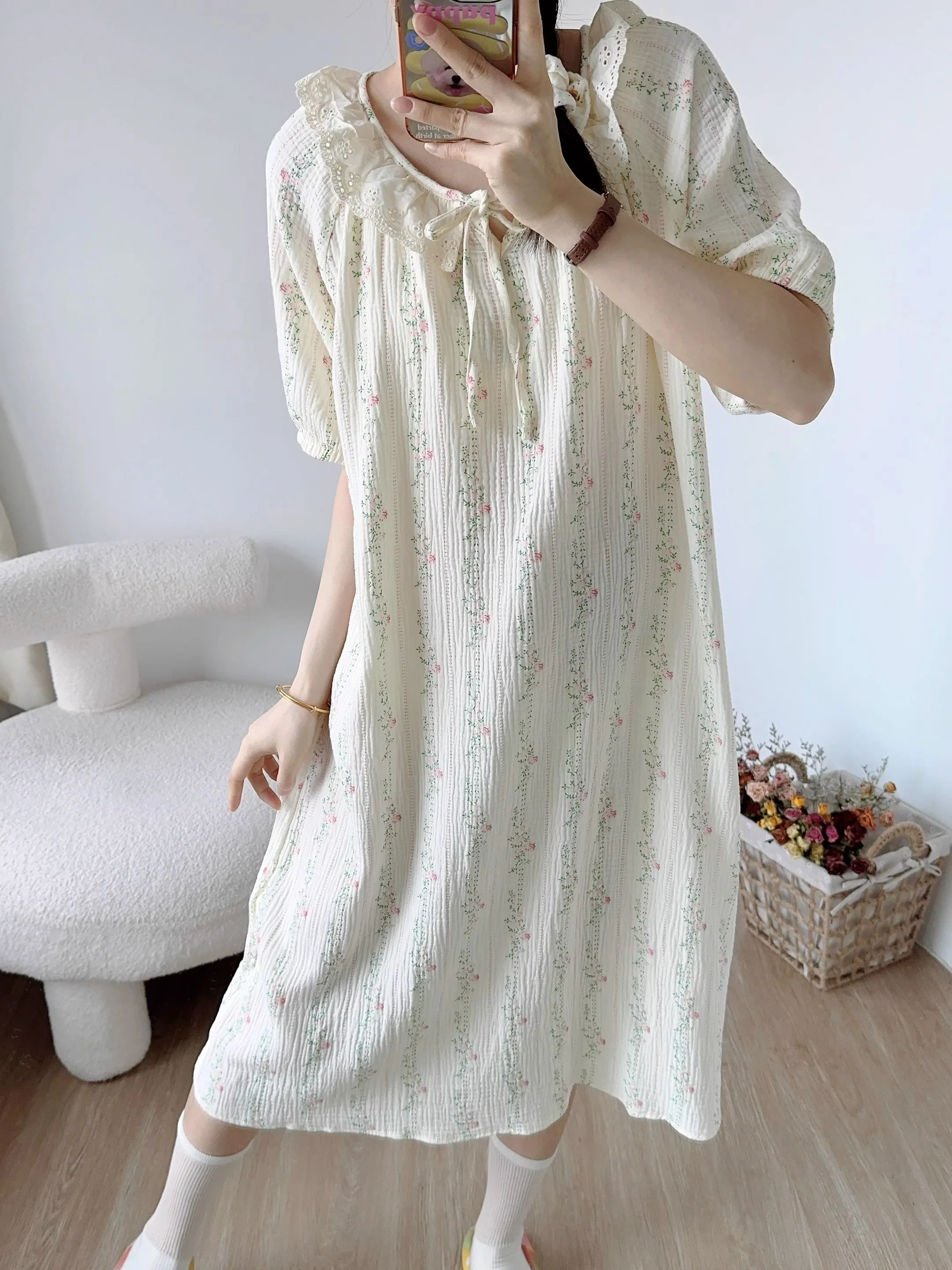

Korean Style Sweet Floral Print Short Sleeve Sleep Dress Women's Summer Loose Casual Lace Trim Sleepwear Home Clothes