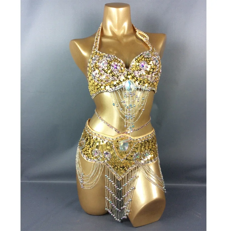 Hot Selling Women Beaded Sequins Belly Dancing Suite Belt+Bra Samba Costumes Club USA Bra Size 34B,36B,38B,40B,34D,36D,38D,40D