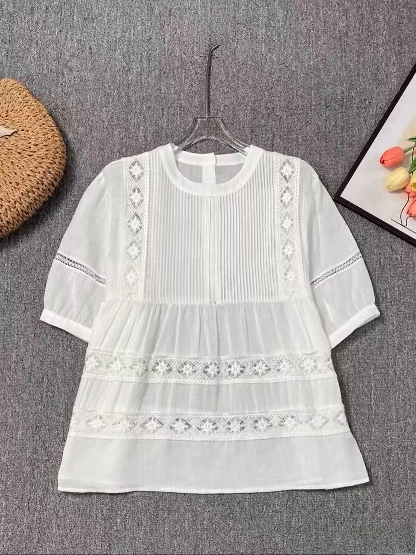 

Loose Fit ort Sve Lace Hollow out irt Women's Casual Sle round Ne Regular Length Pure Color Commute Faion