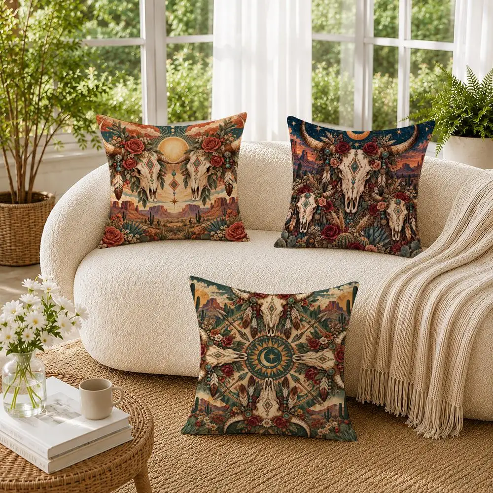 Bull Skull Desert Roses Moon Cushion Cover Soft Short Plush Pillow Cases Hidden Zipper Cutecore Sofa Bedroom Home Decor Gift