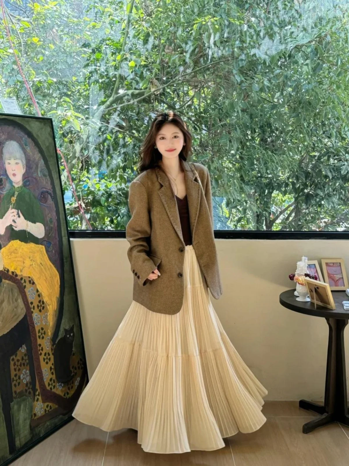 

Khaki Wool Suit Jaet And High Waist Pleated Skirt Set Women's Busin Casual Wear Long Sve Single Button Closure
