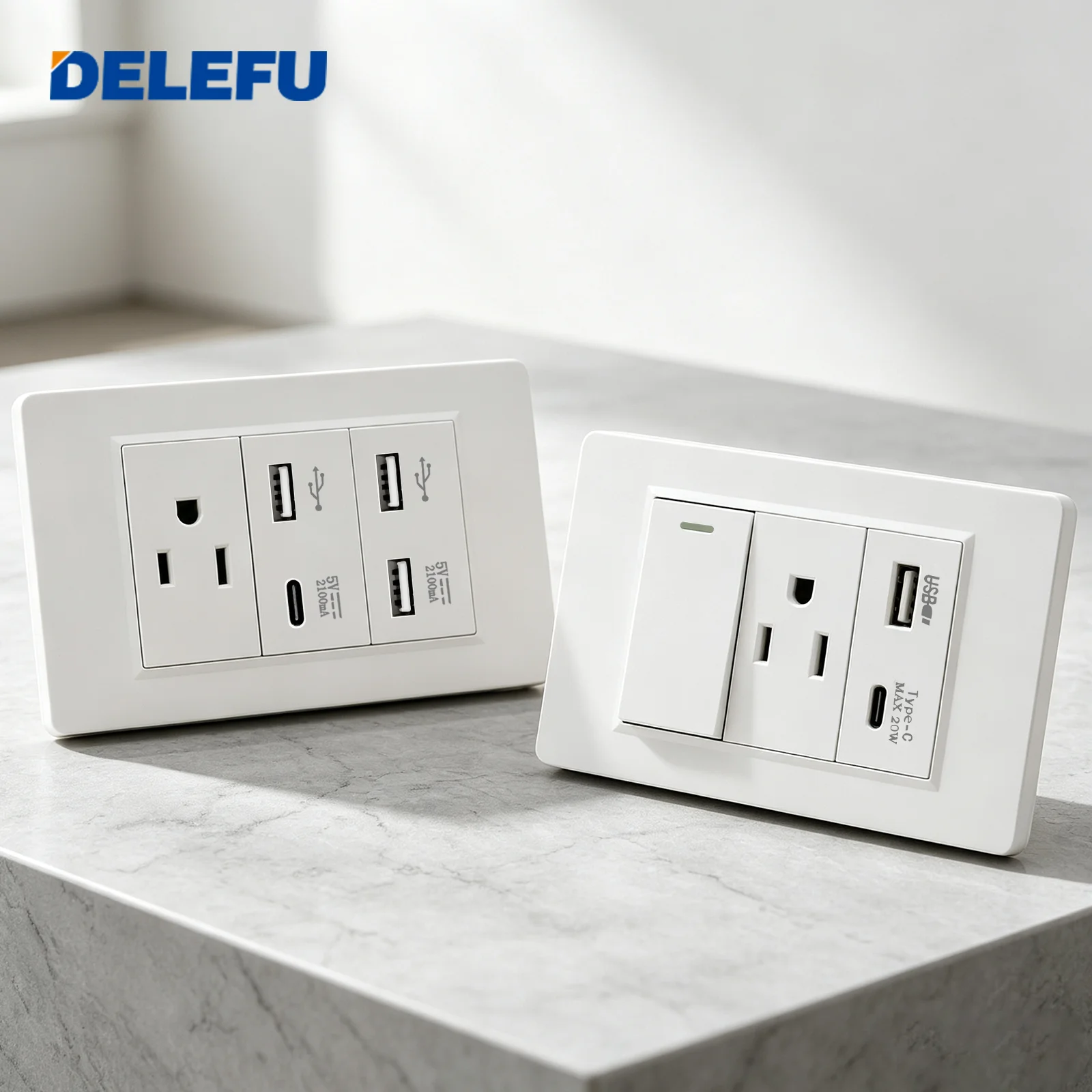 Tomada de Parede DELEFU US 118x72mm Branca com Interruptor, USB Tipo A e Tipo C, Carregamento Rápido de 20W, Tomada Elétrica Modular para Painel de PC