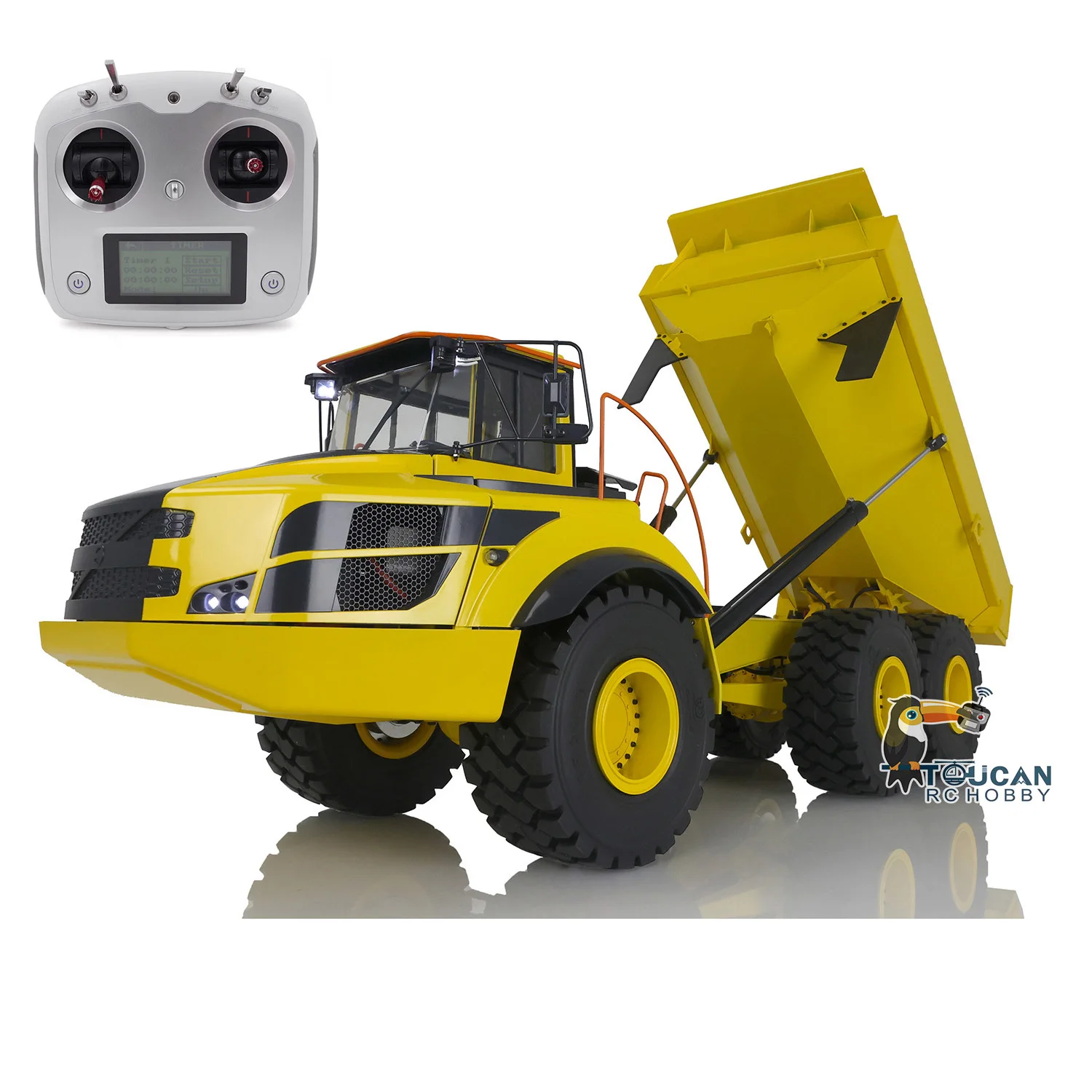 

Toucan JDM 166 Metal 1/14 RC Hydraulic Articulated Truck E450C 6X6 Yellow Dumper Lights Radio Assembled Truck TH20688-SMT8