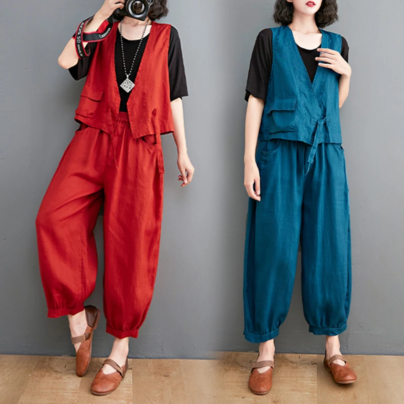 Faionable Ensemble de lin en coton Pantalon Harlan neuf pièces pour femme Jaet avec ket Taille élastique Flip Cover Design Automne Collec...