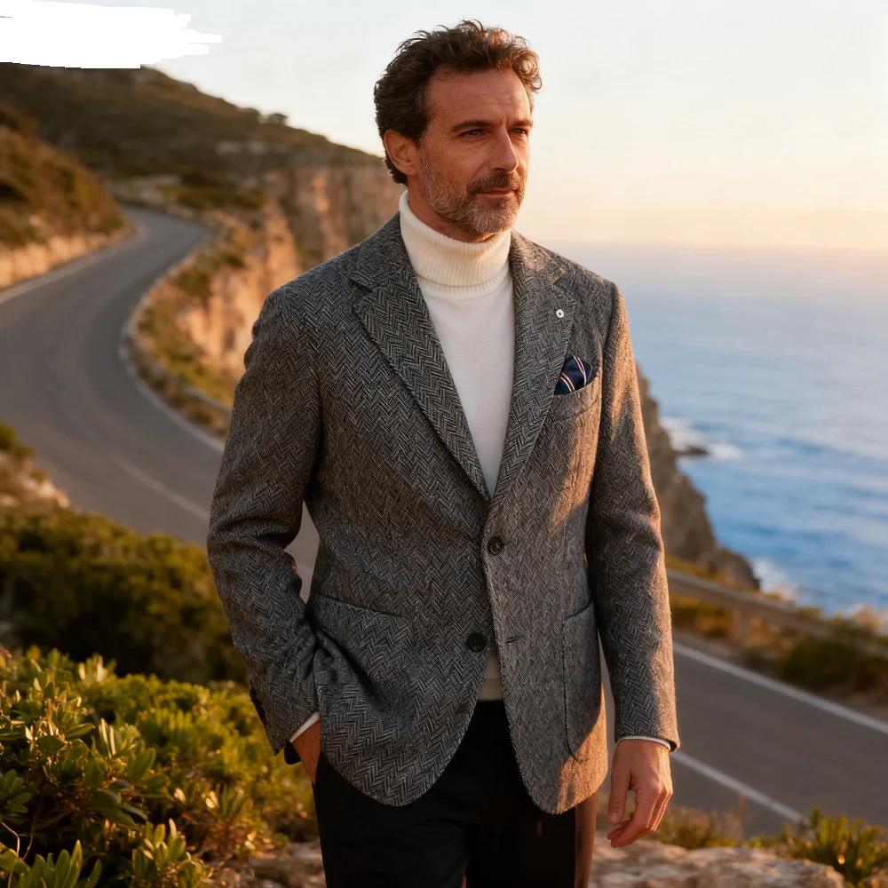 

Wool Gray Blazer Unique Single Breasted Formal Suit Notch Lapel Fish Spine Jacket Pa Casaco Jaqueta Moda Lapela Notch Terno