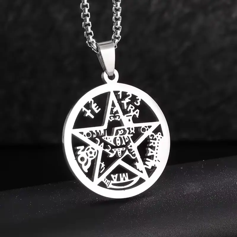 Stainless Steel Jewish Hebrew Four Letter Witchcraft Pentagram Pendant Necklace for Men's Solomon Religious Amulet Jewelry