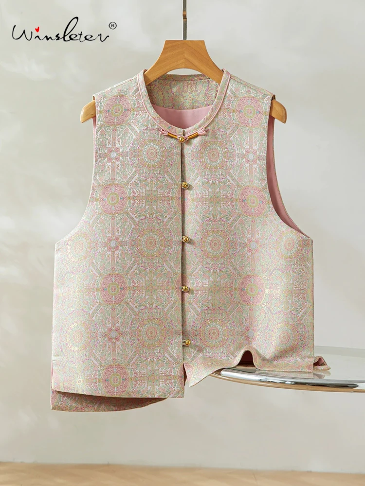 

Winsleter-100%Real Silk Song Brocade Elegant Vest Coat, O Neck Geometry, Women Versatile Gentle Waistcoat, 2026 Spring C61034CC