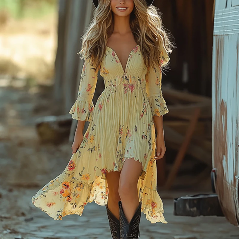 ใหม่ Elegant V คอ Boho ชุดผู้หญิงสบายๆ 3/4 แขนไม่สม่ําเสมอ Hem Party Dress แฟชั่นดอกไม้พิมพ์ชุดมินิฤดูร้อน