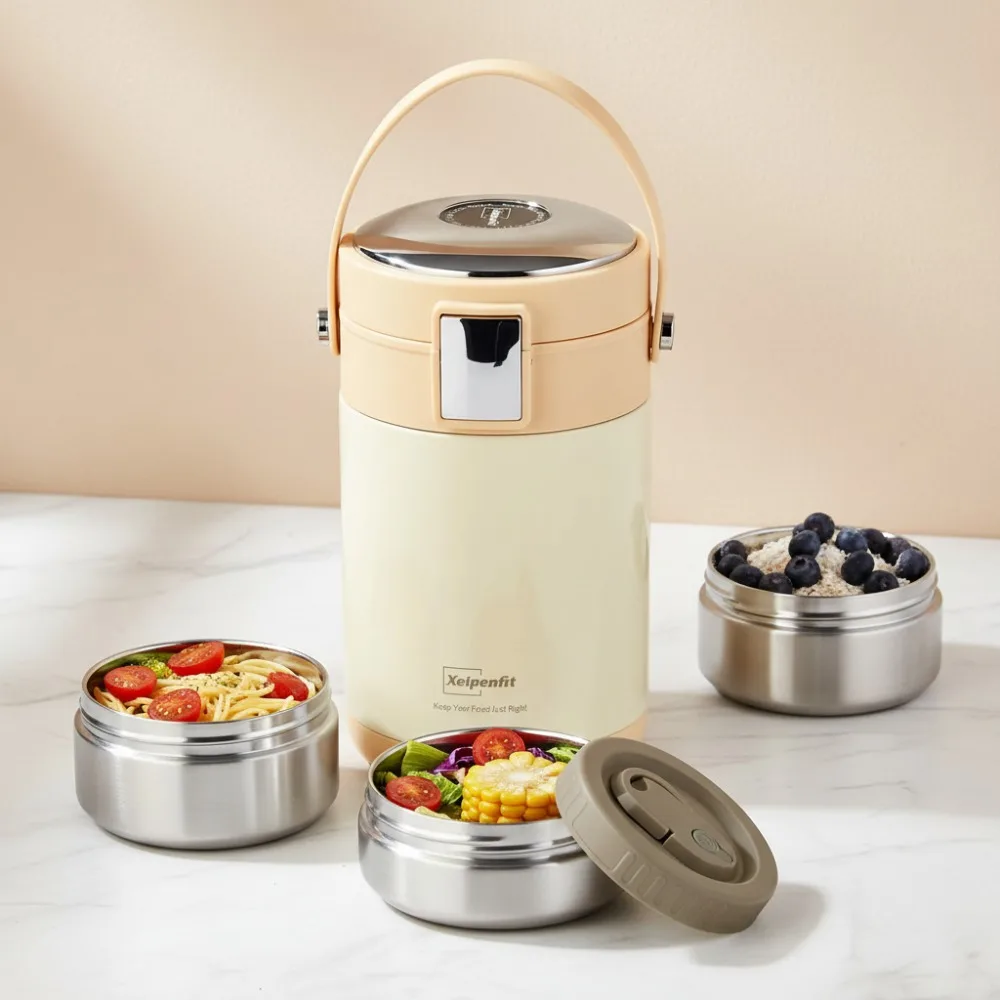 

78oz Stainless Steel Vacuum Insulated Wide Mouth Thermos with 3-Tier Stackable Bento Lunch Box for Adults