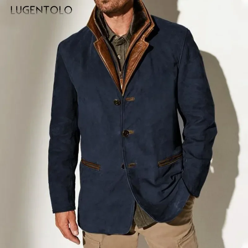 Men Michigan Jacket 2024 New Vintage Lapel Splicing Coats Solid Color Single Breasted Fashion Windproof Warm Outdoor Work Wear