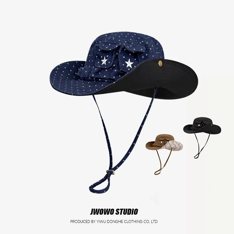 Blue Dotted Star Western Cowboy Fishing Hat for Neutral Summer Outdoor Camping Mountain Climbing Broad Brimmed UV Protection Hat