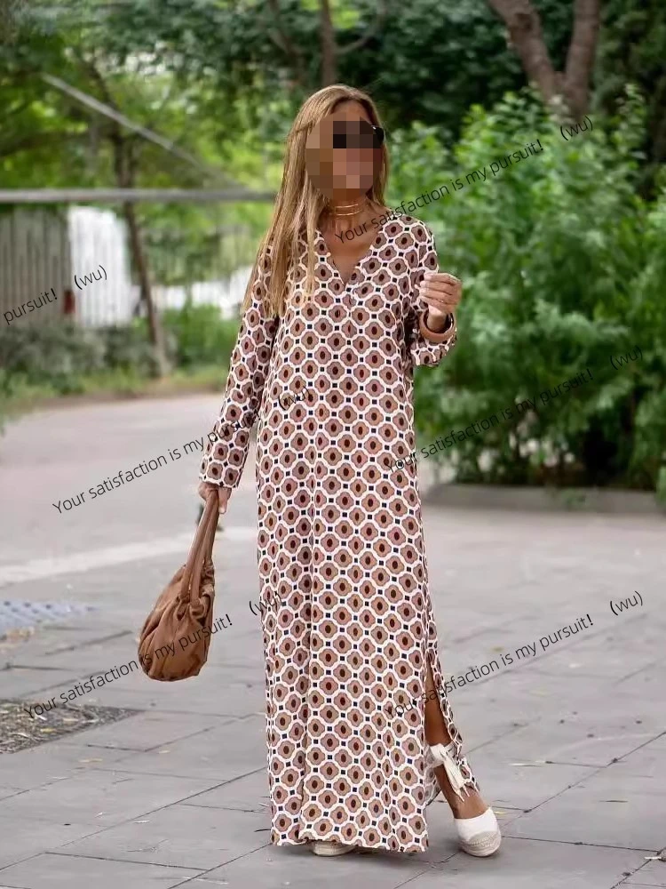 

ZOCI-Women's V-neck printed long dress, autumn novelty, elegant, casual, loose, long sleeves