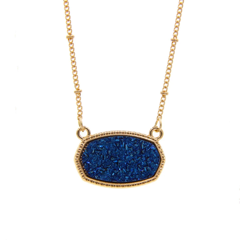 Resin Oval Druzy Drusy Hexagon Pendant Necklace Gold Choker Statement Necklaces for Women Jewelry Gift