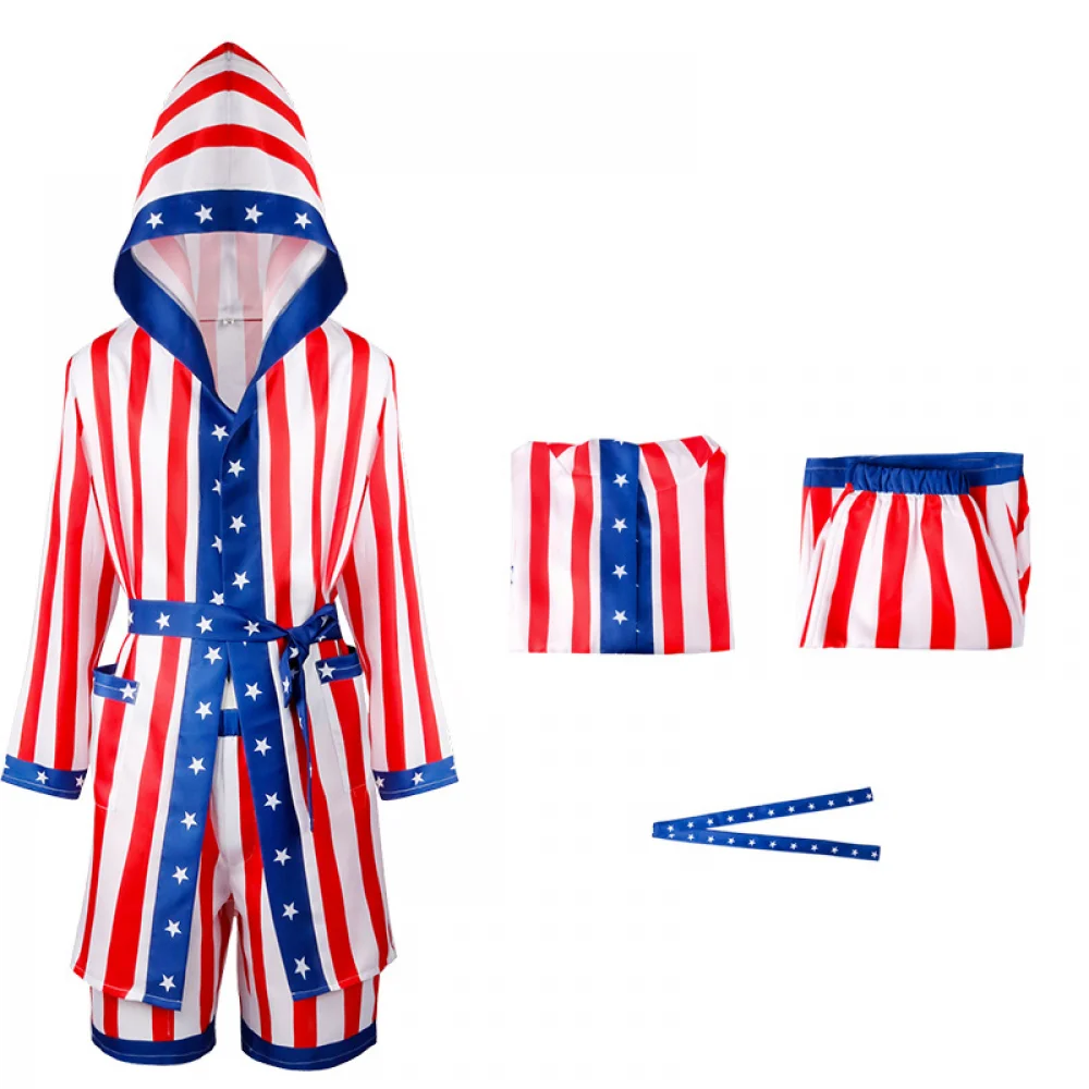 Disfraz de boxeo Unisex, disfraz de satén con bandera americana Rocky, uniforme tipo bóxer, bata con capucha, pantalones cortos para mujeres y hombres, traje elegante para Halloween