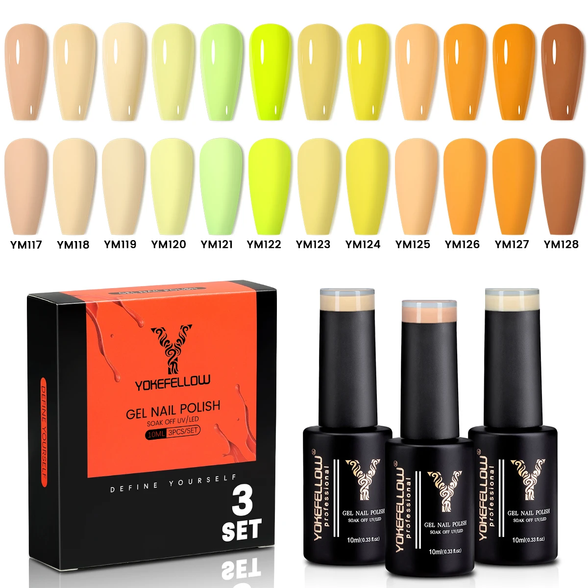 

YOKEFELLOW Gel Nail Polish10ml Yellow Orange 3Color/Set Soak Off UV Light Cure Gel Polish for Nail Art DIY Manicure at Home