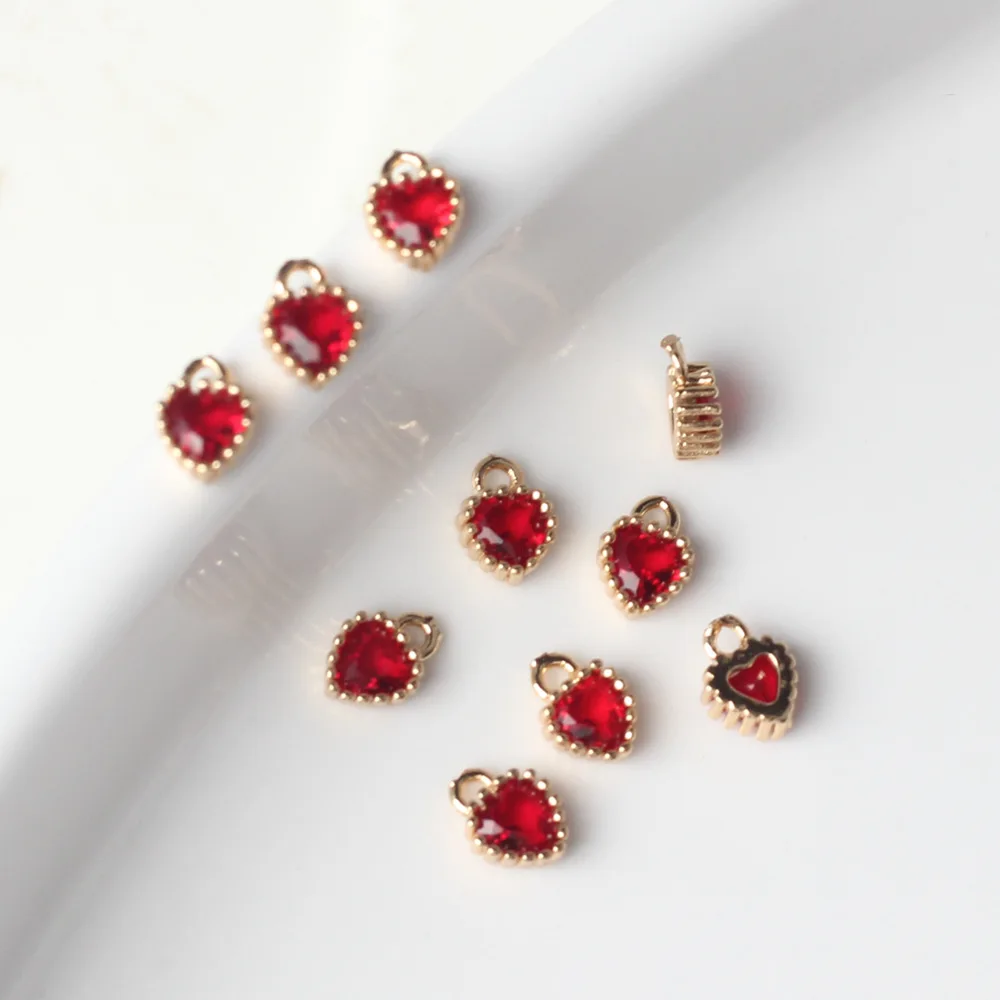 Copper   Plated Inlaid Zircon Mini Red Heart Charms 6pcs/lot 5.2mm For DIY Fashion Jewelry Making Finding Accessories