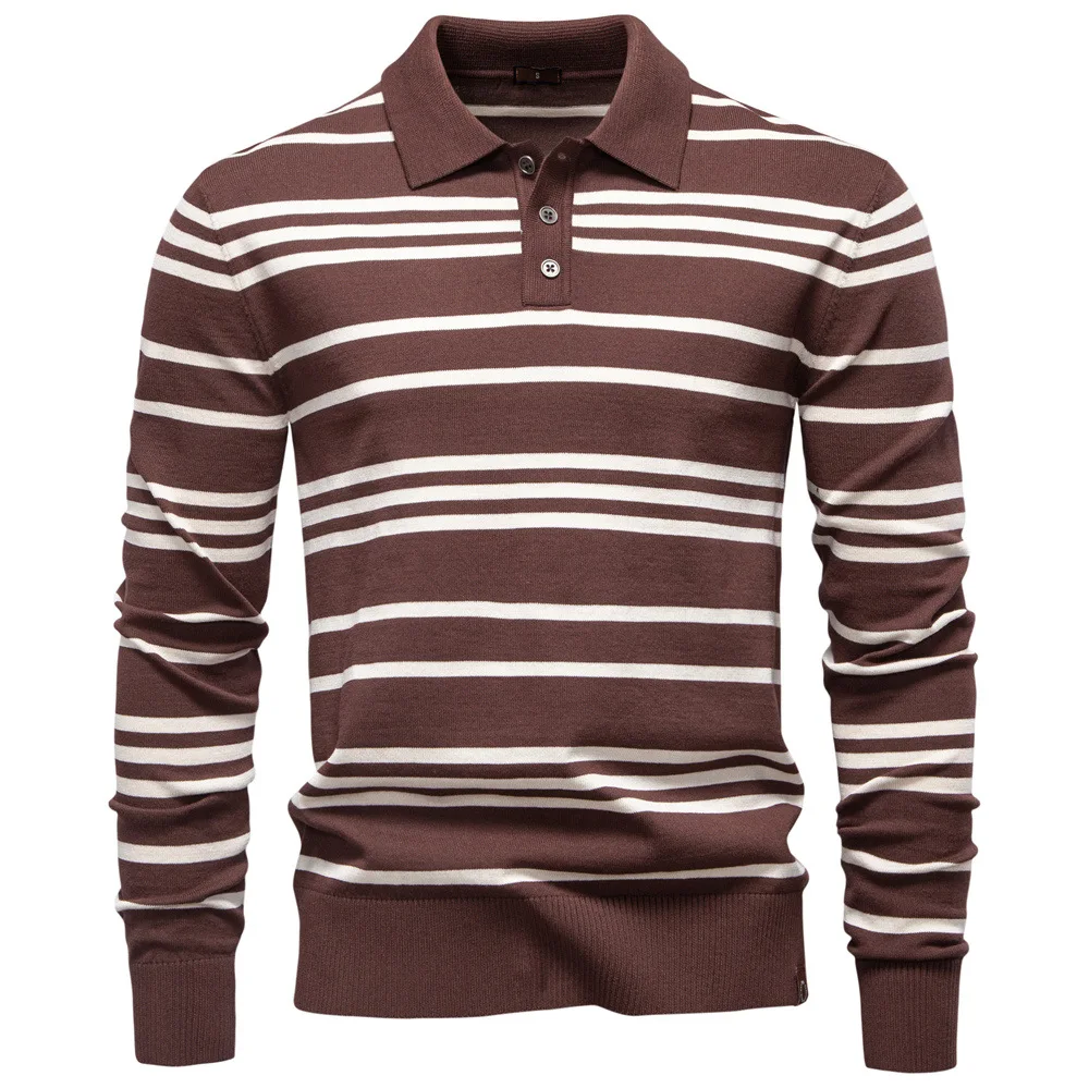2026 Autumn Winter New Fashion Men's Striped Color-coded Turn-down Collar Long Sleeve Pullover Sweaters Male Polo Shirts Tops