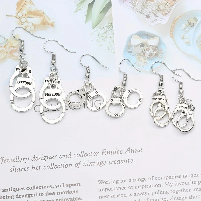 1Pair Punk Letters FREEDOM Handcuffs Hanging Earrings for Women Men DIY Jewelry Trendy Accessories Gifts Cool Thing 2024 Trend