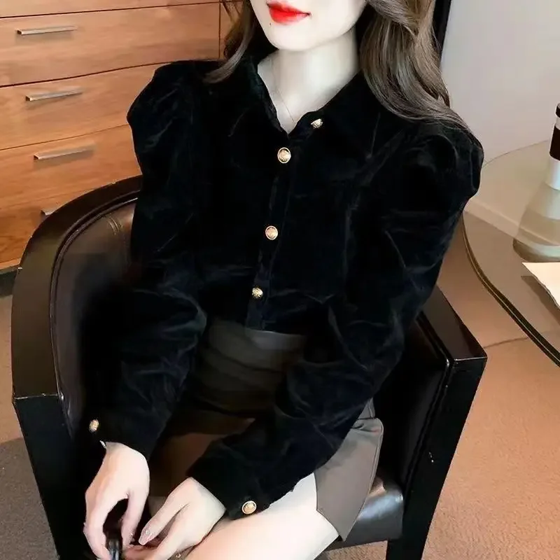 Office Lady Casual T Shirt New Fashion 2023 Black Vintage Chic Basic Solid Velvet Tops Puff Sleeve Sweet Stylish All-Match Loose