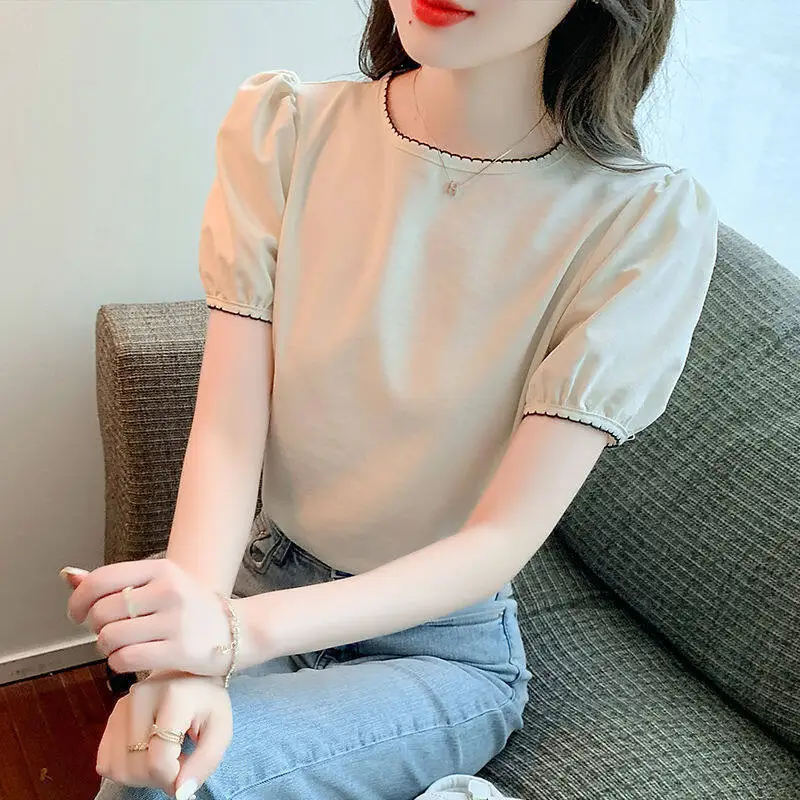 

Plain Blouse Women Round Neck Short Sleeve Tops 2024 Summer Fashion Simple Korean Top New