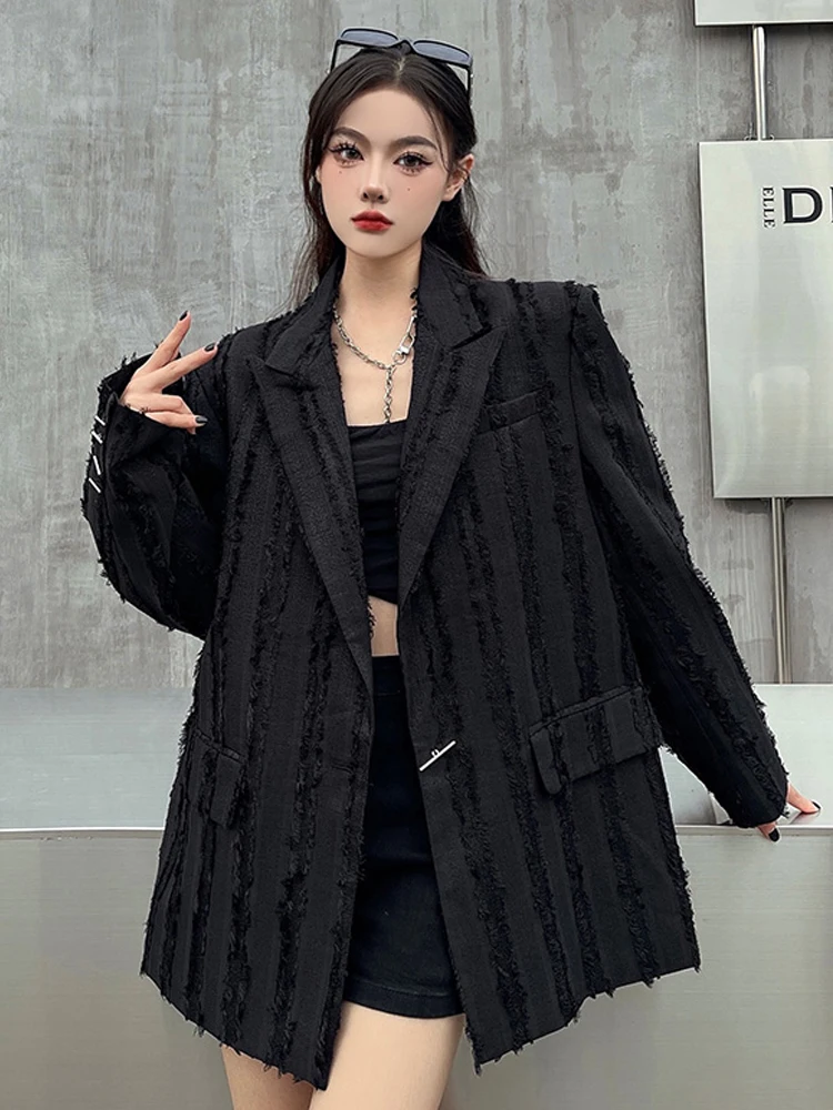 SONNEESD Streetwear Fashion Harajuku Style Neutral Coat Rough Edge Vintage Personality Full Sleeve Design Loose Black Suit Coat