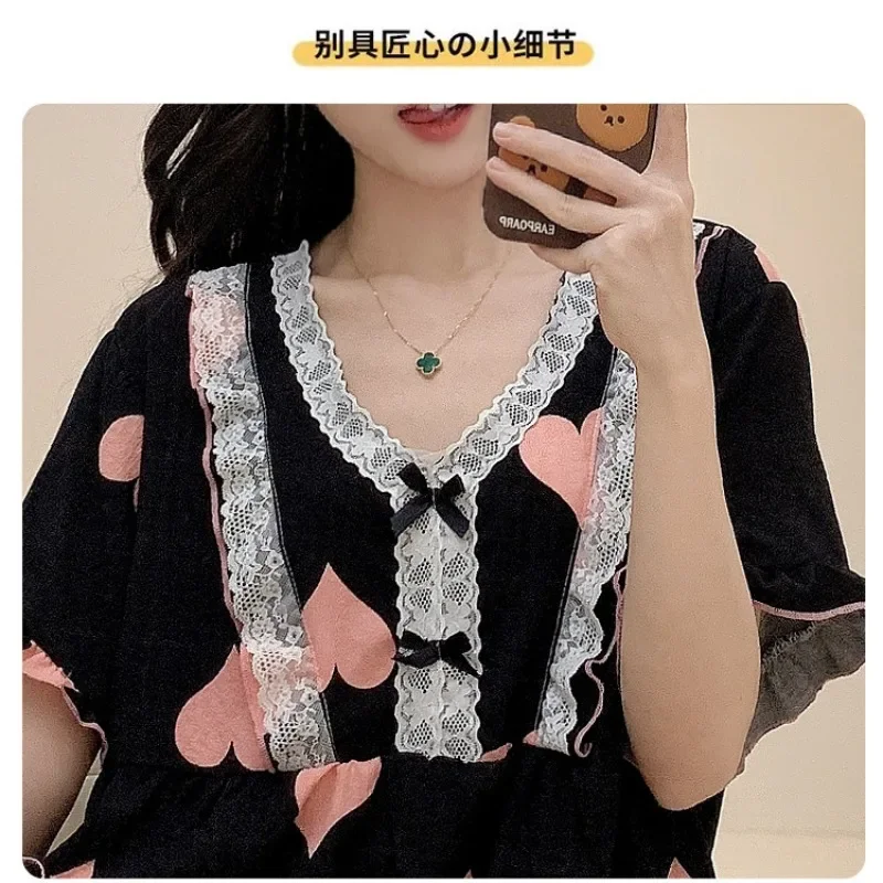 140kg Plus Size Korean Women\'s Sleepwear Students Summer Two Pieces Sets Short Sleeve Cartoon Sweet Loose Fit Home Use Pajama